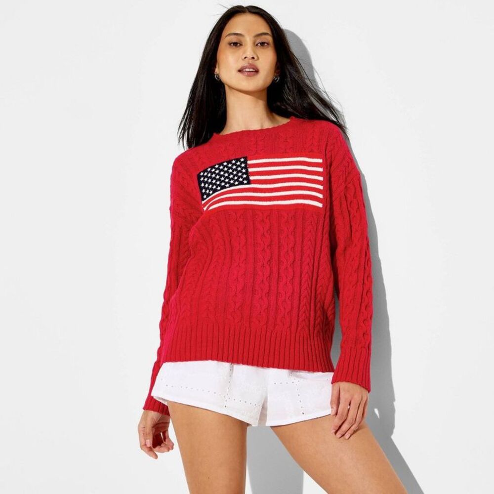 Women's Crewneck American Flag Pullover Sweater - Wild Fable Berry Red Flags XL